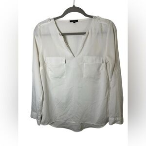 Monteau Long Sleeve Blouse White V-Neck Button Tab Roll Sleeve Women’s Size S